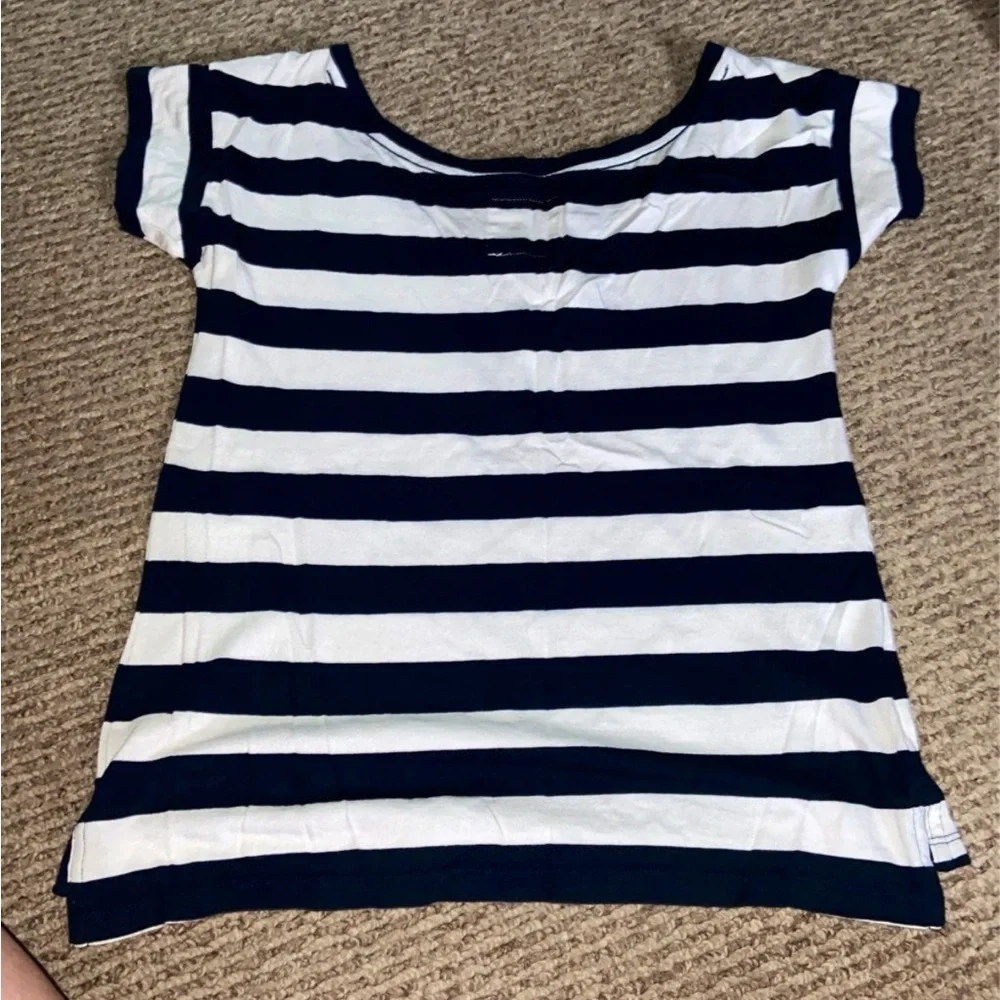 Hollister Womens Striped Tee in Navy and White Small Y2K - Picture 3 of 3